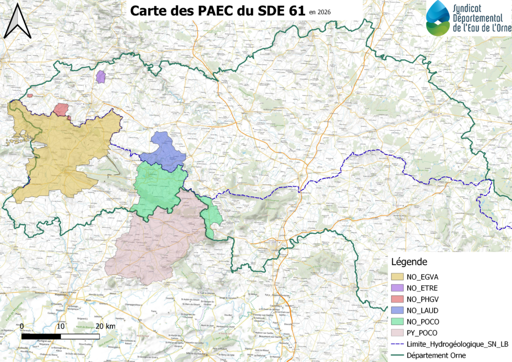 Cartes des territoires porteurs de MAEC ouverts par le SDE61 dans l'Orne, la Manche et la Mayenne pour ces captages Ornais en 2025.